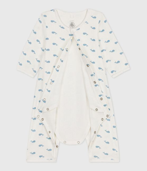 Katoenen bodypyjama zonder voetjes voor baby's met walvisprint MARSHMALLOW/ ADRIATIC