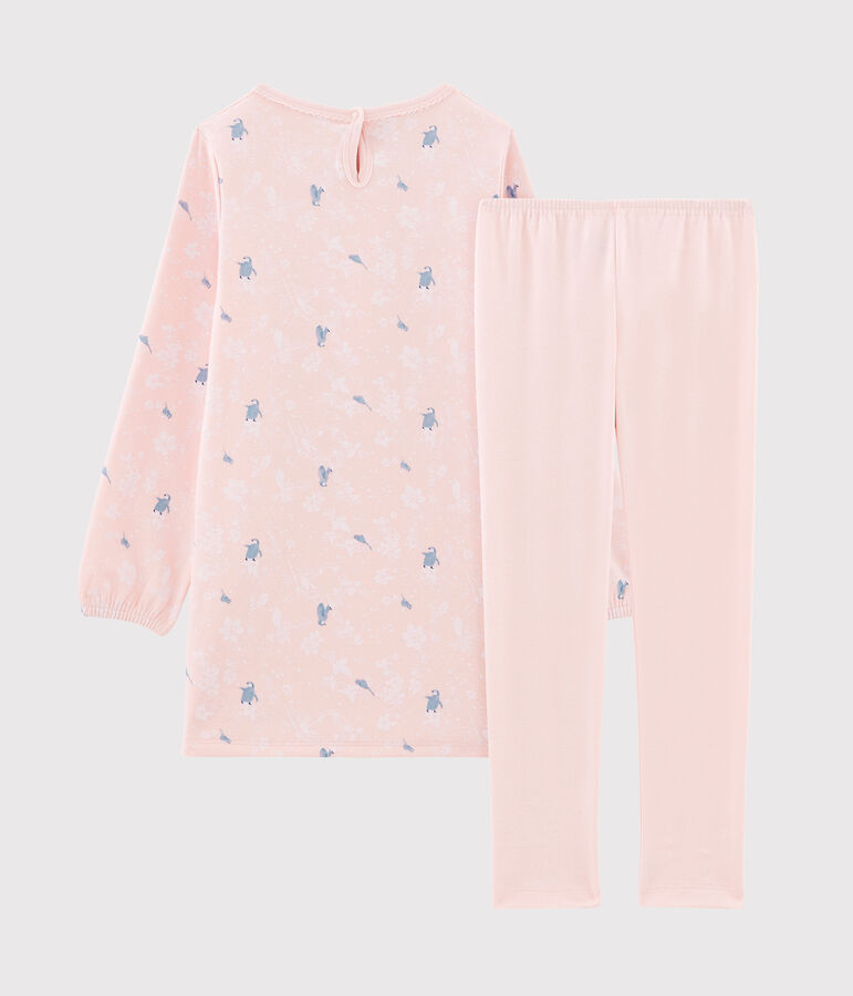 Meisjesnachthemd met lange mouwen van dubbelzijdig jersey met pingu&iuml;n print roze MINOIS/wit MULTICO