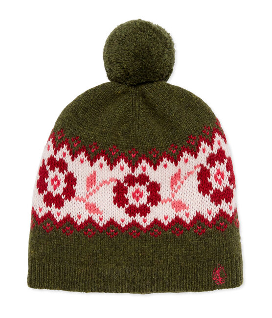 Bonnet à pompon fille vert CROCODILE/blanc MULTICO