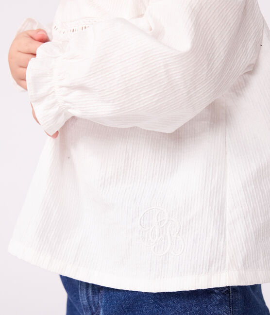 Blouse bébé en popeline de coton manches longues, à col et brodée blanc ECUME