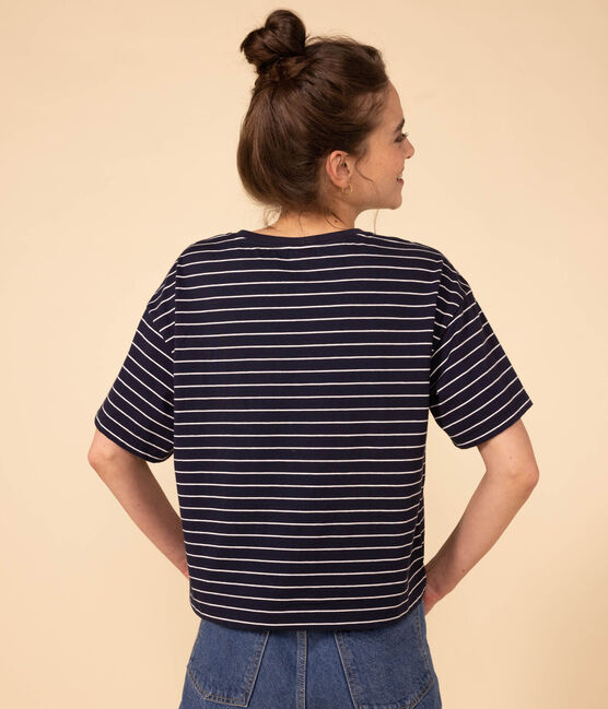 LE BOXY, T-shirt voor dames in katoen  blauw SMOKING/wit MARSHMALLOW