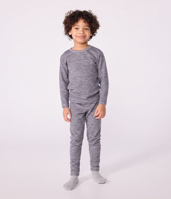 Tee-shirt enfant en laine et coton manches longues à rayures bleu SOIR/ MARSHMALLOW