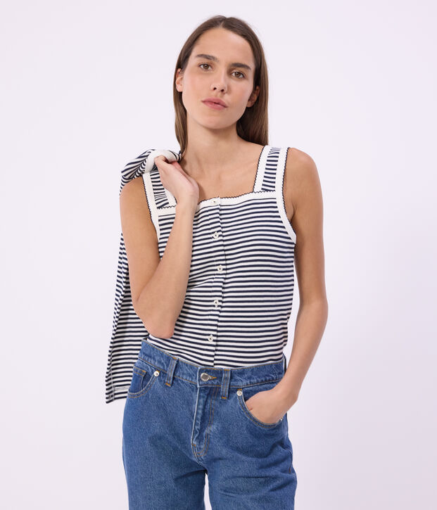 D&eacute;bardeur femme en coton &agrave; rayures bleu/blanc