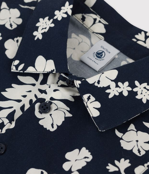 Chemise manches courtes imprim&eacute;e Hawa&iuml; en popeline b&eacute;b&eacute; bleu/blanc