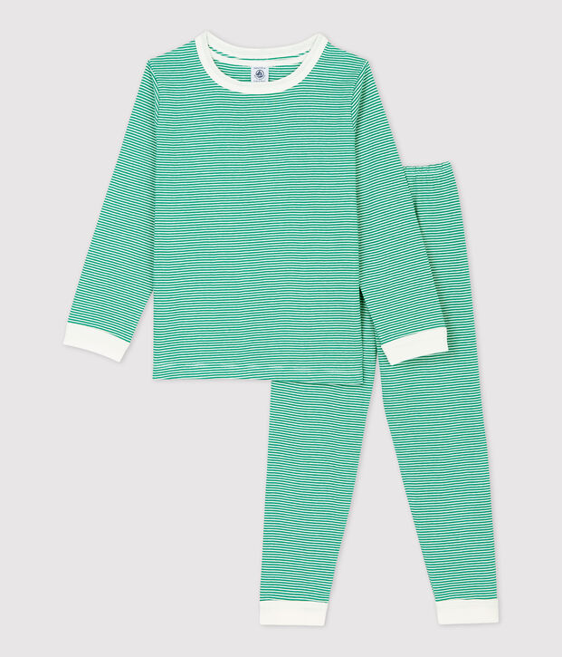 Jongens/meisjes pyjama met groene milleraies-strepen van biologisch katoen groen/wit