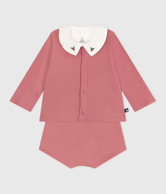 Driedelig katoenen geboortesetje met T-shirt met geborduurd kraagje roze ROSEWOOD/ MULTICO