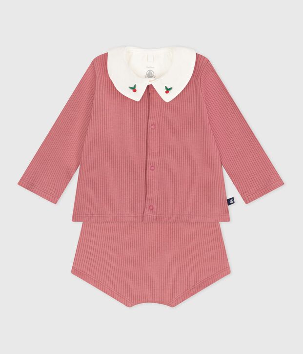Ensemble naissance trois pi&egrave;ces en coton et tee-shirt &agrave; col brod&eacute; rose/multicouleur