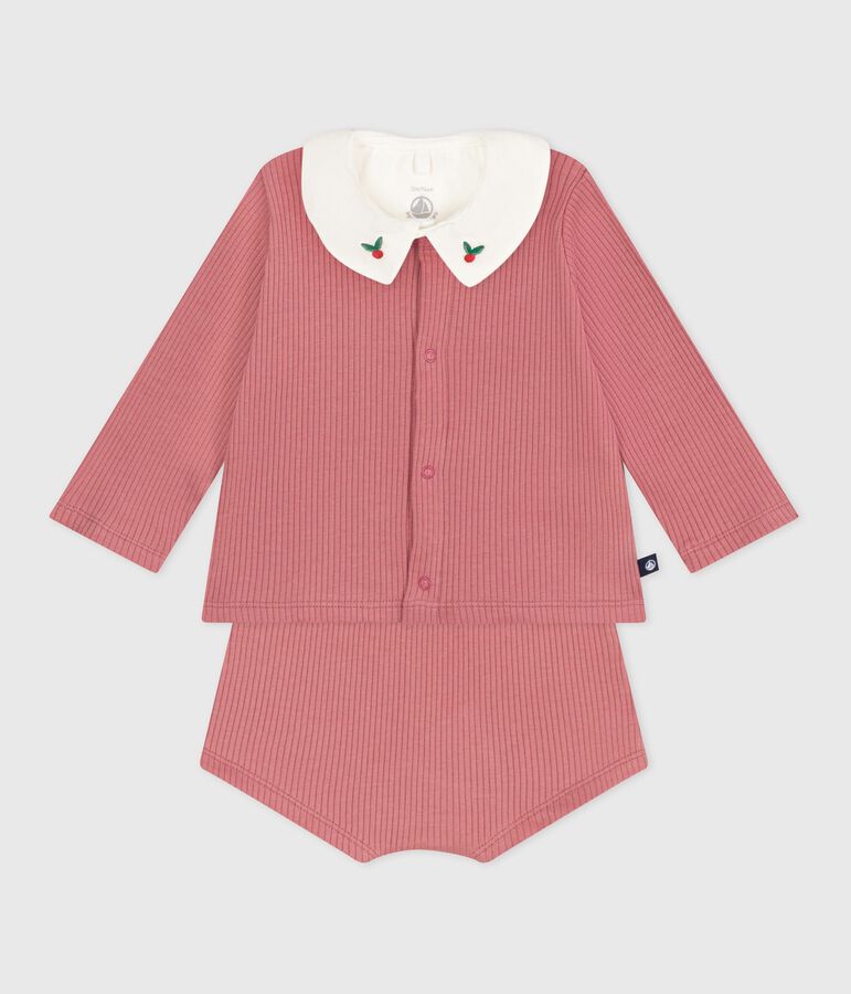 Ensemble naissance trois pi&egrave;ces en coton et t-shirt &agrave; col brod&eacute; rose/multicouleur