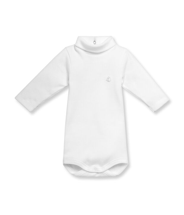 Uniseks babybody met rolkraag en lange mouwen in katoenflanel wit Ecume