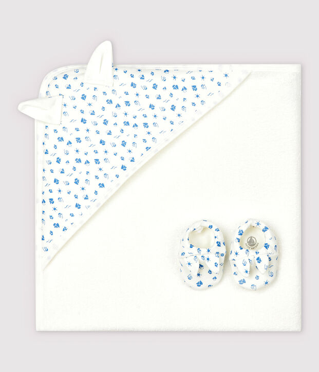 Vierkant badkoffertje en babyslofjes van badstof en biologisch katoen wit/blauw