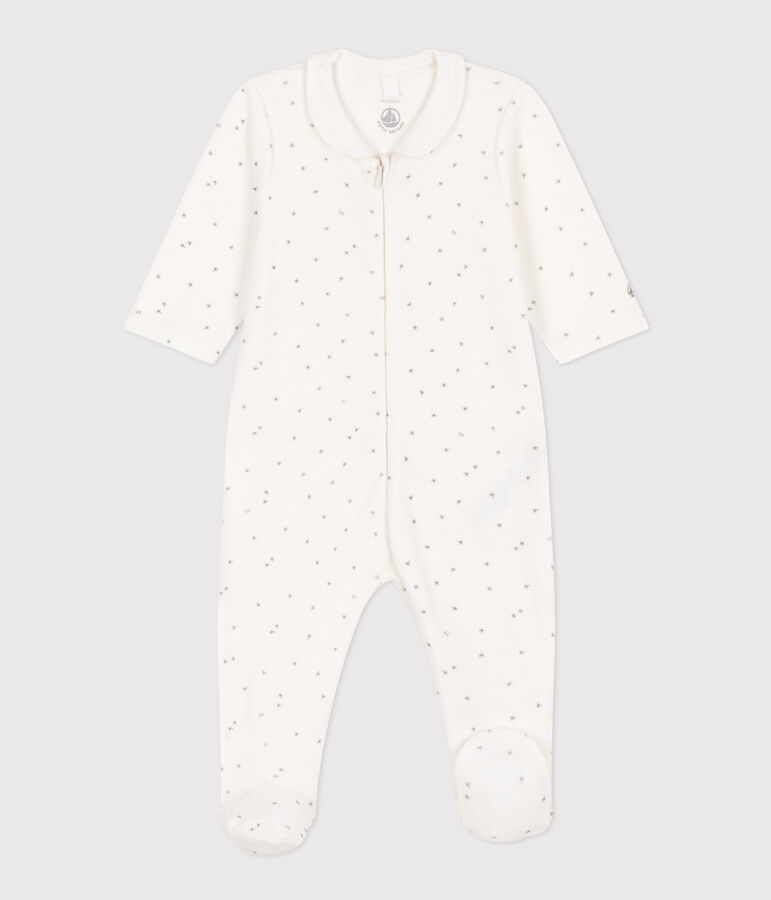 Fluwelen babypyjama met sterrenprint wit/grijs