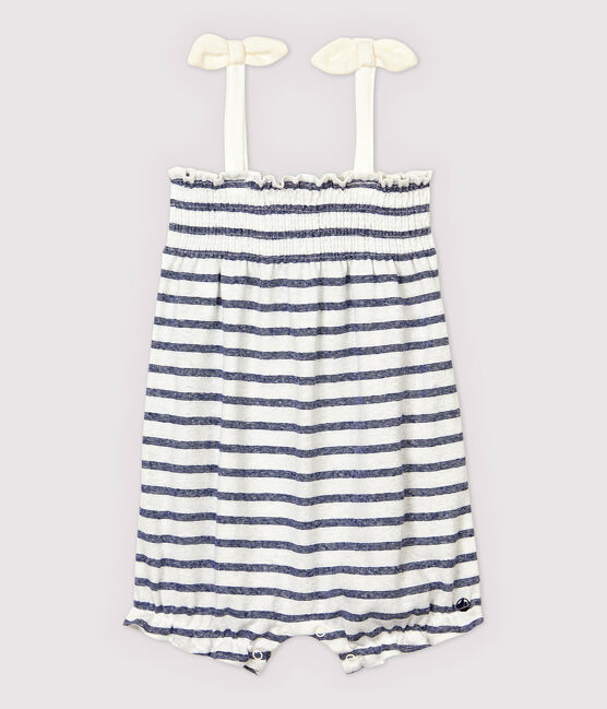 Korte gestreepte katoenen/linnen jumpsuit voor meisjes wit MARSHMALLOW/blauw MEDIEVAL