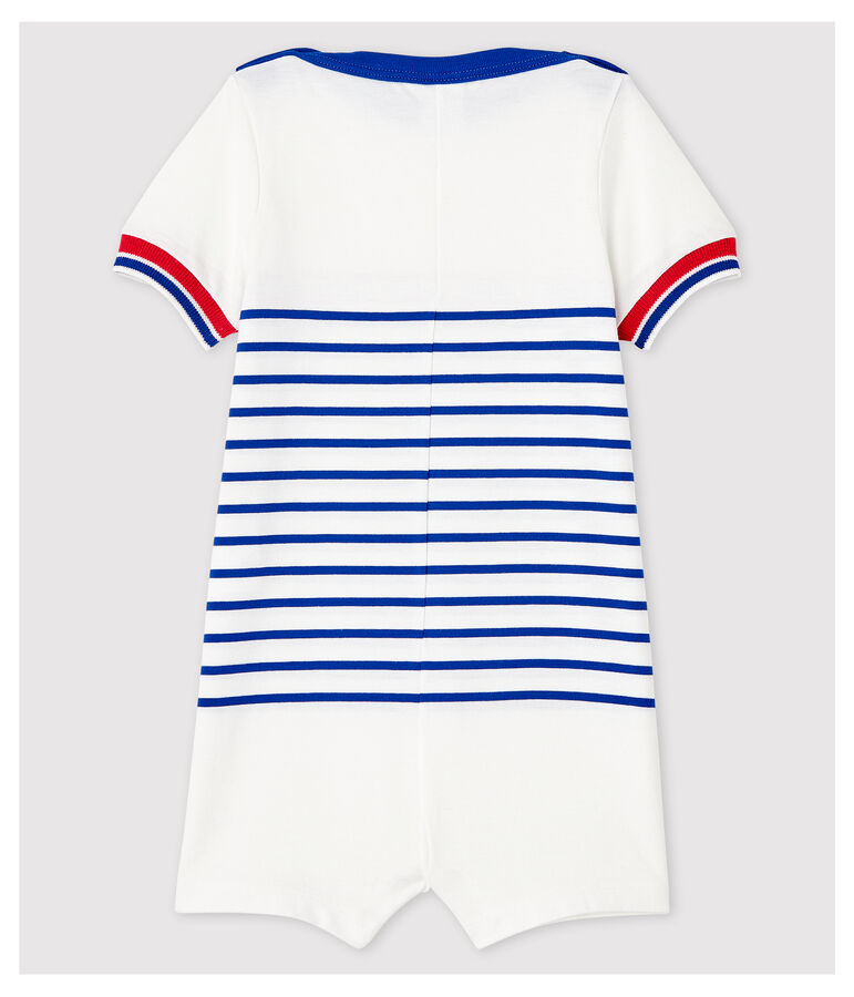 Korte gestreepte jersey jumpsuit voor jongens wit MARSHMALLOW/blauw SURF