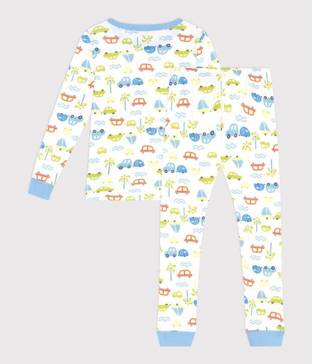 Nauw aansluitende katoenen kinderpyjama met autootjesprint wit/multicouleur
