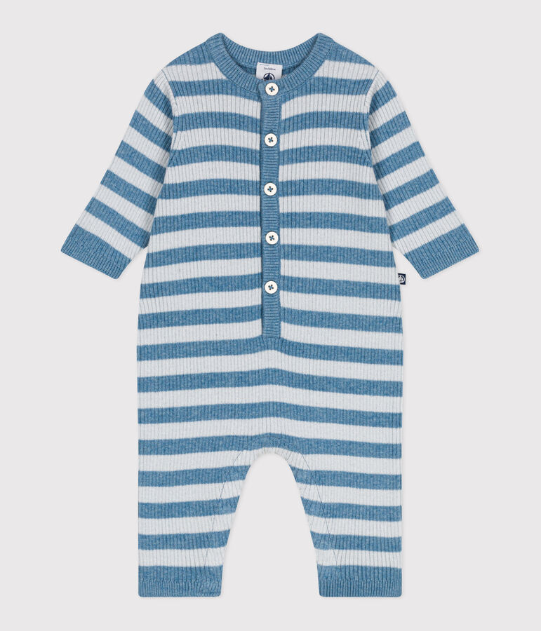 Combinaison b&eacute;b&eacute; ray&eacute;e en tricot laine et coton bleu/bleu
