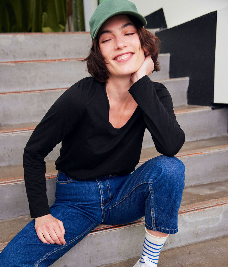 Le Droit, T-shirt met lange mouw en V-hals van dunne jersey voor dames zwart