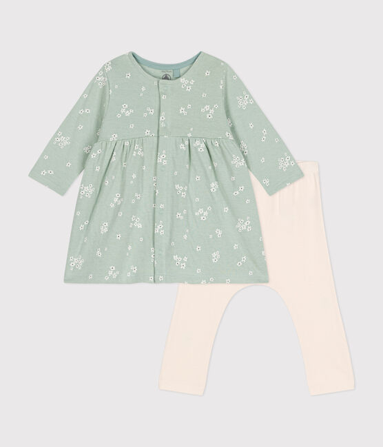 Katoenen jurk en legging voor baby's groen HERBIER/wit MULTICO
