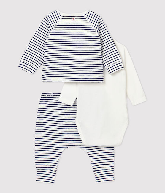 Ensemble 3 pièces rayé bébé en coton biologique blanc MARSHMALLOW/bleu SMOKING