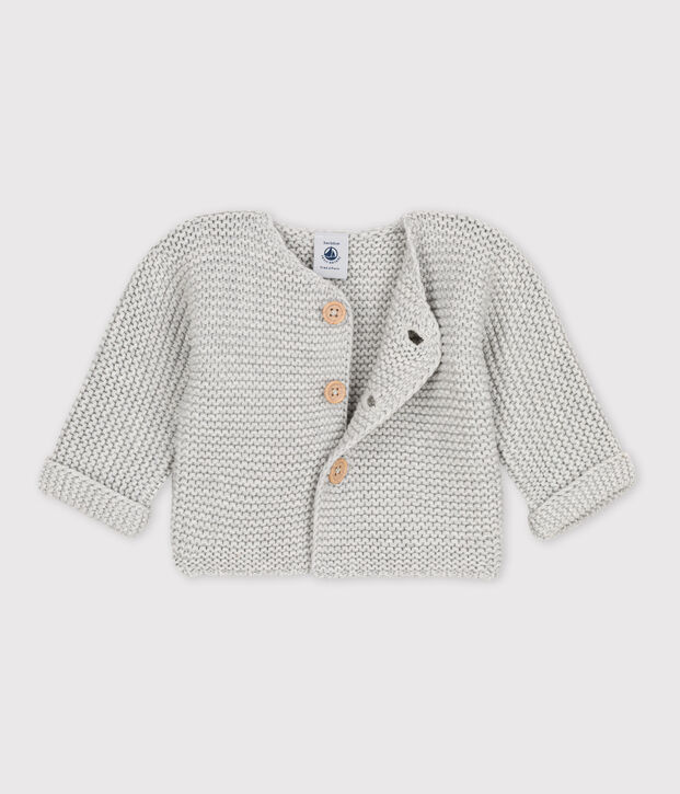 Cardigan b&eacute;b&eacute; tricot point mousse en coton gris chin&eacute; clair