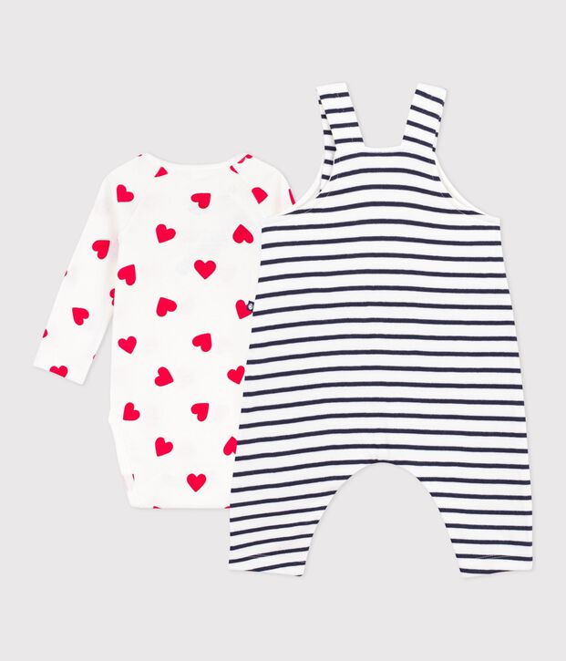Ensemble salopette/body b&eacute;b&eacute; ray&eacute; et body imprim&eacute; c&oelig;urs blanc/bleu