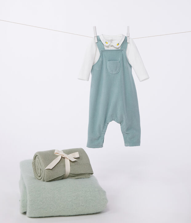 Ensemble naissance salopette et body brod&eacute; en coton vert