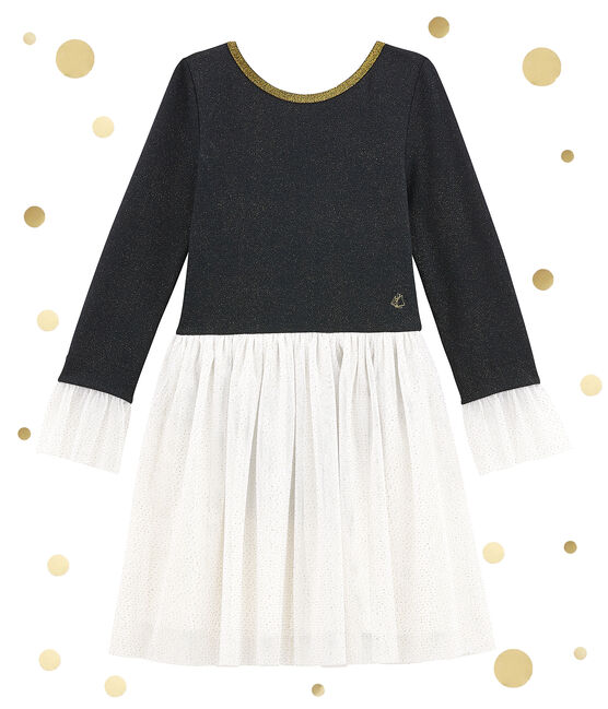Meisjesjurk in 2 stoffen met glitters blauw SMOKING/geel DORE