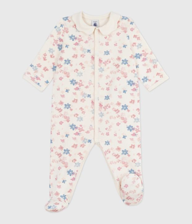 Babypyjama van geruwde fleece met bloemetjesbedrukking op de kraag ecru/multicouleur