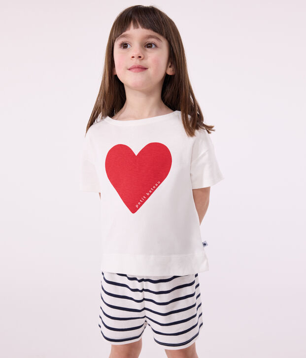 Korte katoenen pyjama met hartjesprint voor kinderen wit/blauw