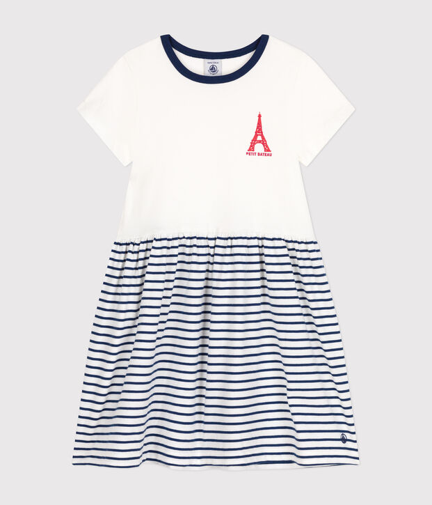 Robe manches courtes en coton enfant fille blanc/bleu