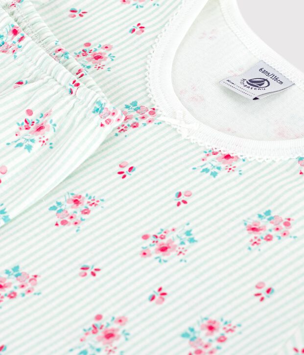 Katoenen kinderpyjama met korte mouwen en lange pijpen met bloemenprint wit/multicouleur