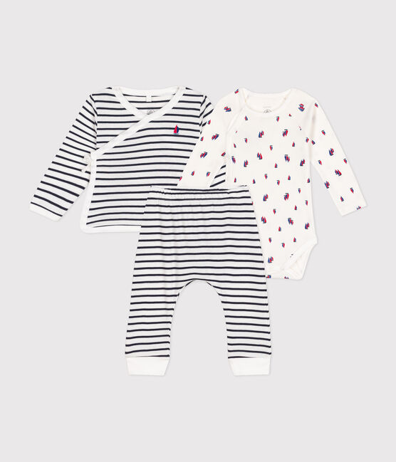 Driedelig katoenen babysetje wit MARSHMALLOW/blauw SMOKING