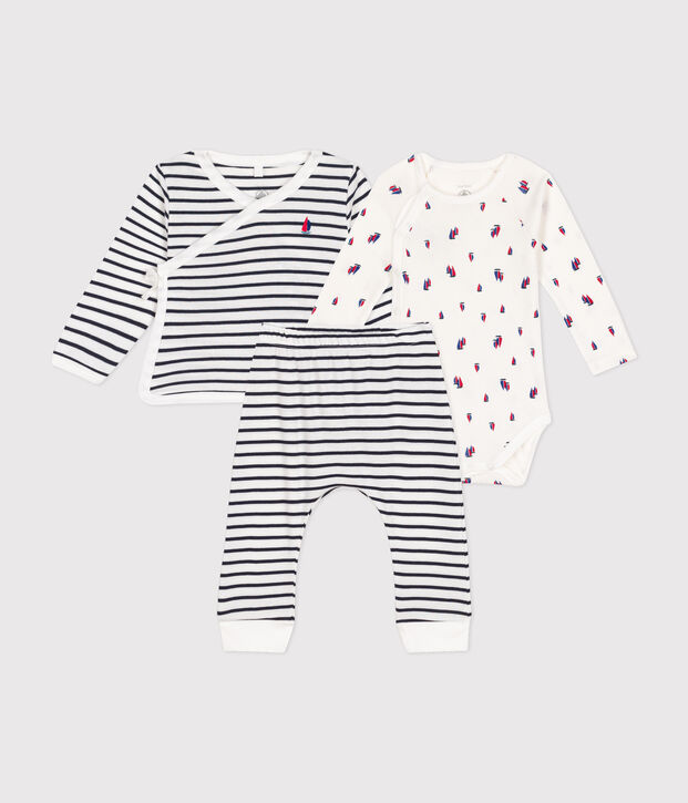 Ensemble 3 pi&egrave;ces en coton b&eacute;b&eacute; blanc/bleu
