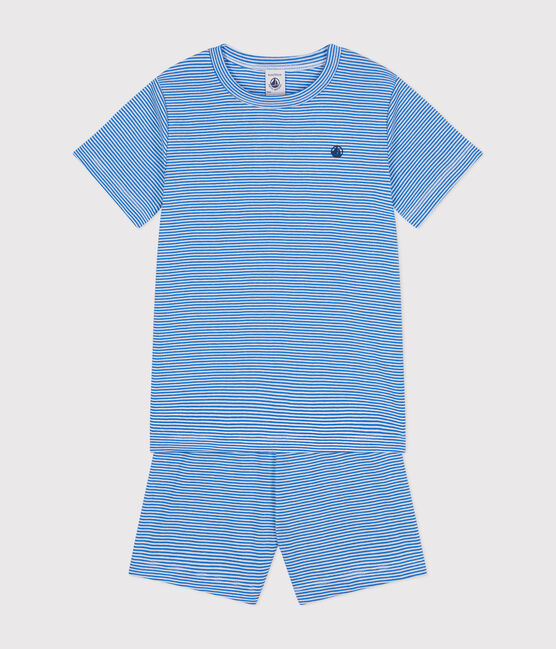 Korte gestreepte katoenen pyjama voor kinderen DELPHINIUM/ MARSHMALLOW