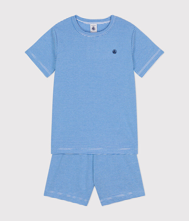 Korte gestreepte katoenen pyjama voor kinderen blauw/wit