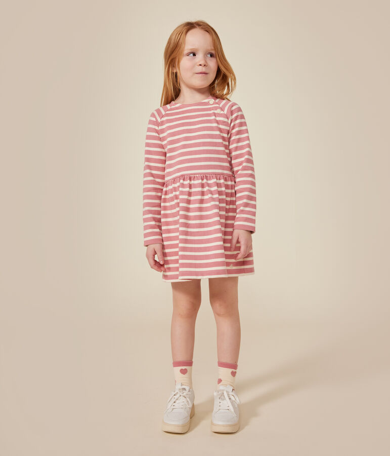 Robe manches longues en coton &eacute;pais enfant fille rose/&eacute;cru