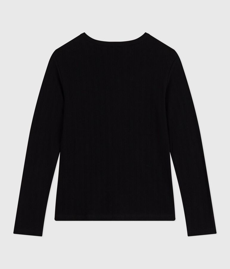 Tee-shirt femme l'iconique en coton ajour&eacute; manches longues noir