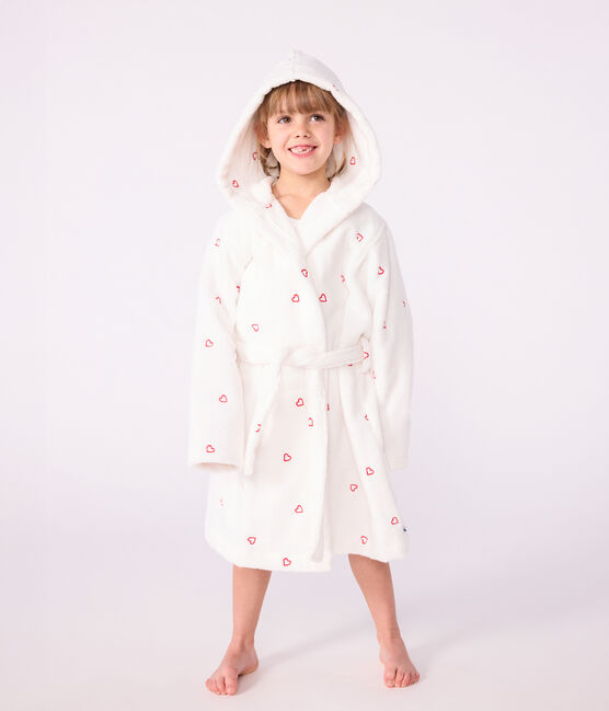 Badjas van katoenen badstof met geborduurde hartjes voor kinderen wit MARSHMALLOW/rood TERKUIT