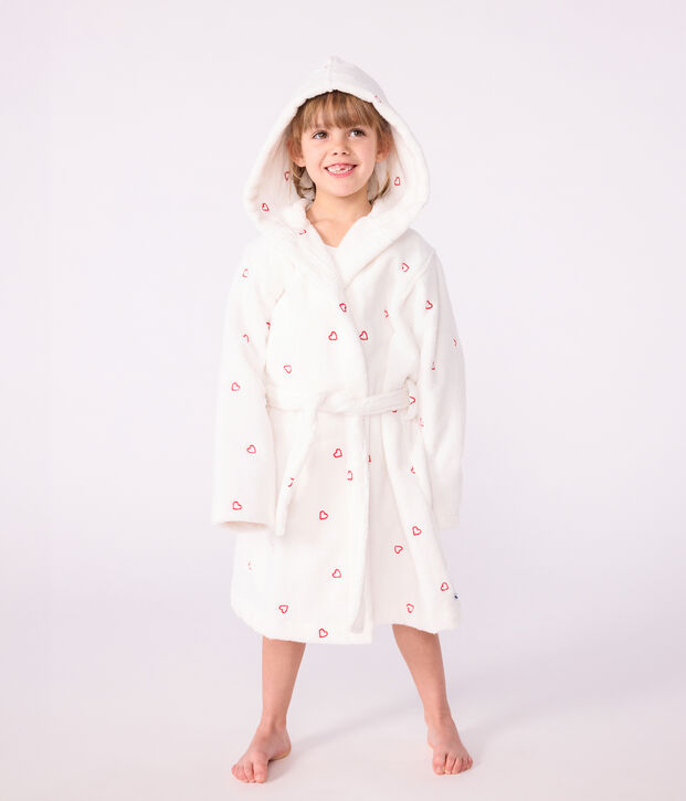 Peignoir enfant en coton &eacute;ponge c&oelig;urs brod&eacute;s blanc/rouge