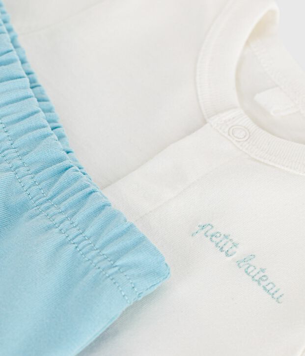 Tweedelig katoenen geboortesetje met effen onderstuk blauw/blauw