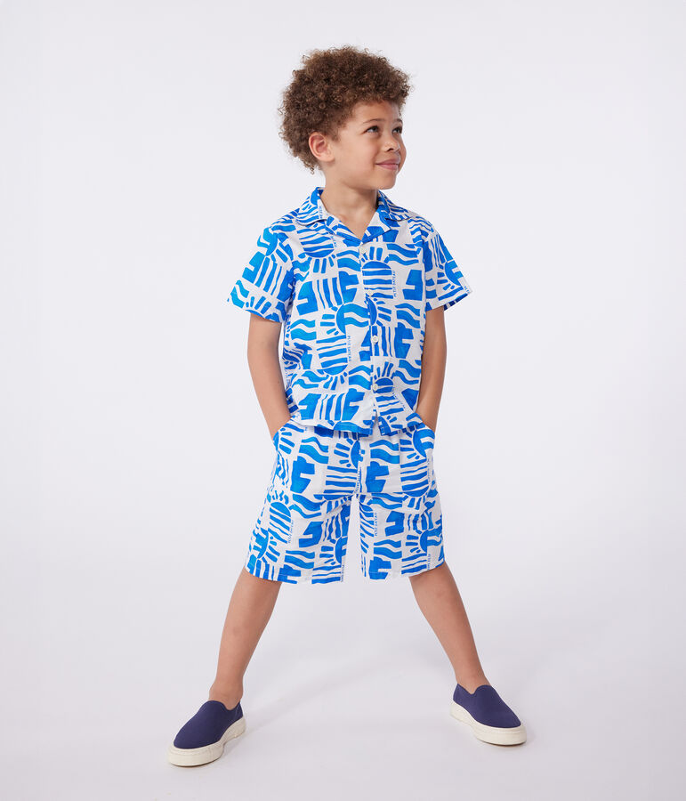 Chemise enfant en coton manches courtes imprim&eacute;e blanc/bleu