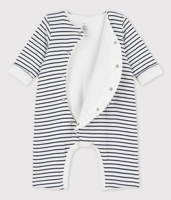 Lange gestreepte playsuit van biokatoen voor baby's wit MARSHMALLOW/blauw SMOKING