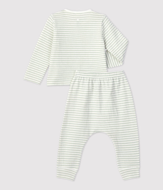 Ensemble 2 pi&egrave;ces ray&eacute; en tubique bio b&eacute;b&eacute; blanc/vert