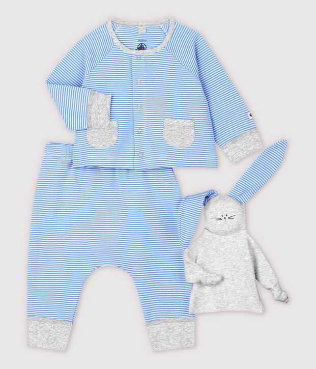 Ensemble 3 pi&egrave;ces bleu b&eacute;b&eacute; en coton biologique bleu/blanc