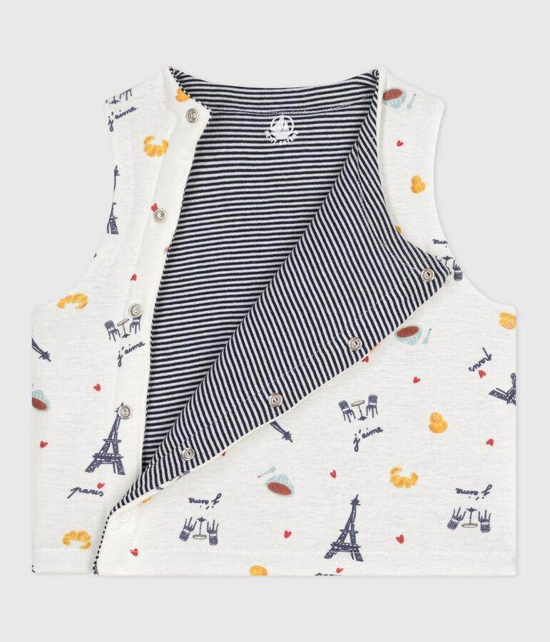 Gilet sans manche r&eacute;versible b&eacute;b&eacute; en coton imprim&eacute; blanc/bleu