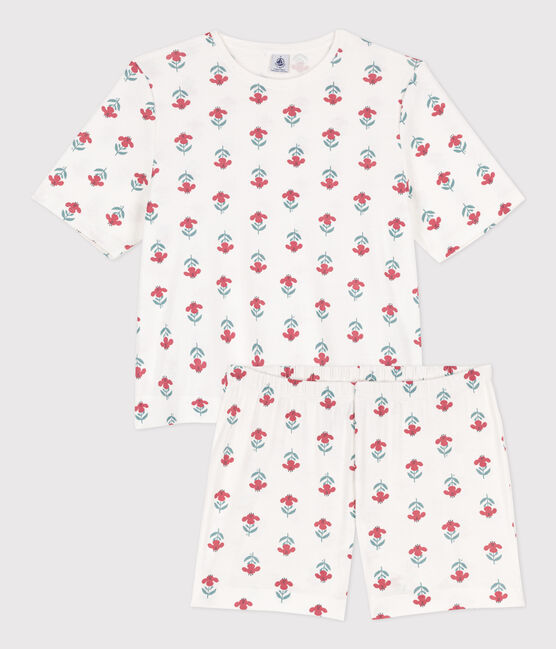 Korte pyjama met bloemen voor dames in katoen wit MARSHMALLOW/wit MULTICO