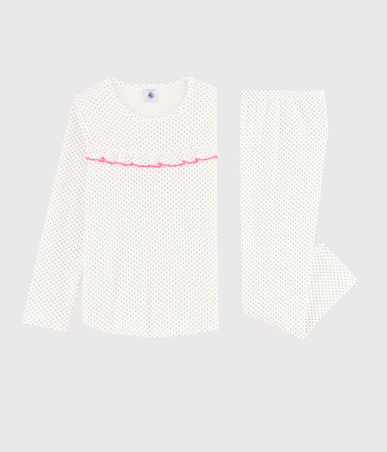 Pyjama à pois petite fille en côte blanc MARSHMALLOW/bleu MEDIEVAL
