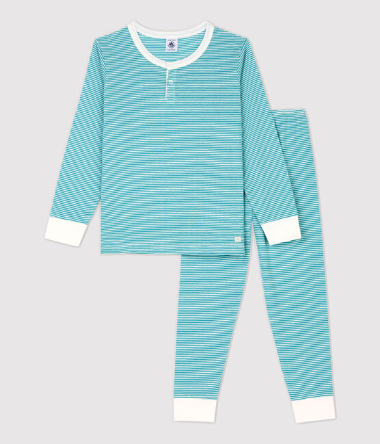 Pyjama rayé en coton et lyocell enfant bleu MIROIR/blanc MARSHMALLOW