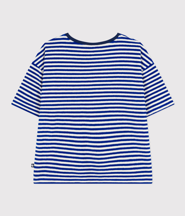 Tee-shirt le Boxy en coton &eacute;ponge ray&eacute; femme bleu/&eacute;cru