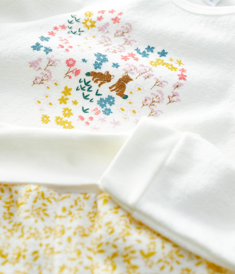 Meisjespyjama met bloemen van opgeruwde boucl&eacute;badstof geel OCRE/wit MARSHMALLOW