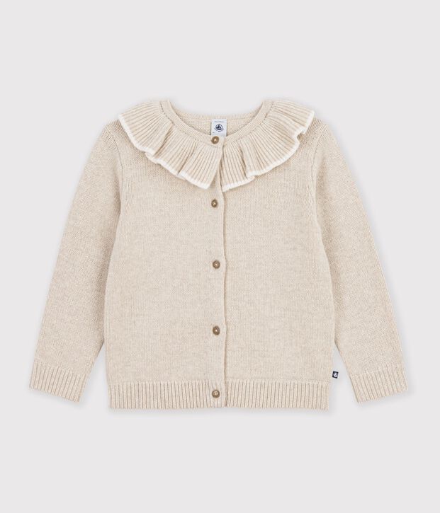Cardigan enfant en laine et coton uni beige chin&eacute;